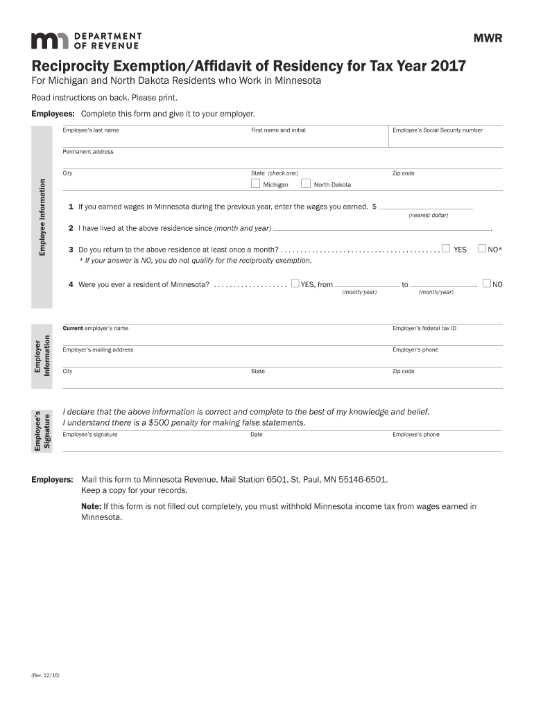  Reciprocity ExemptionAffidavit of Residency for Tax Year 2021