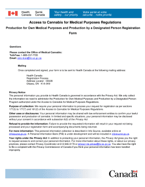 Access to Cannabis for Medical Purposes Regulations Production for Own Medical Purposes and Production by a Designated Person Re  Form