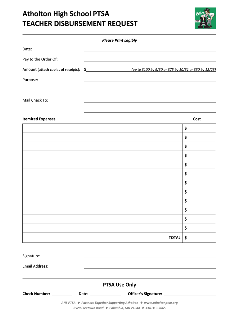 AHS PTSA Teacher Disbursement Request Form DOCX