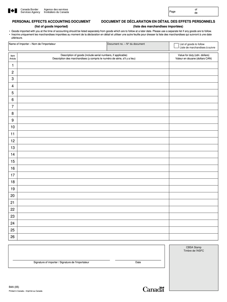 PERSONAL EFFECTS ACCOUNTING DOCUMENT DOCUMENT DE 2005-2024