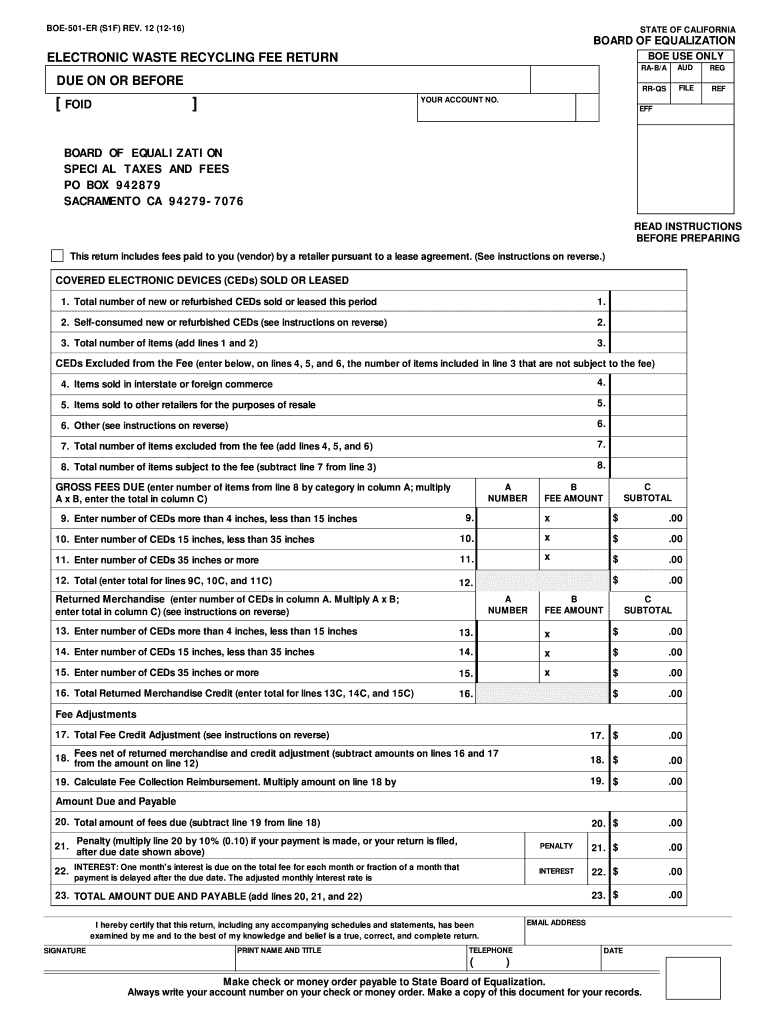  Electronic Waste Recycling Fee Return, BOE 501 ER  Boe Ca 2016