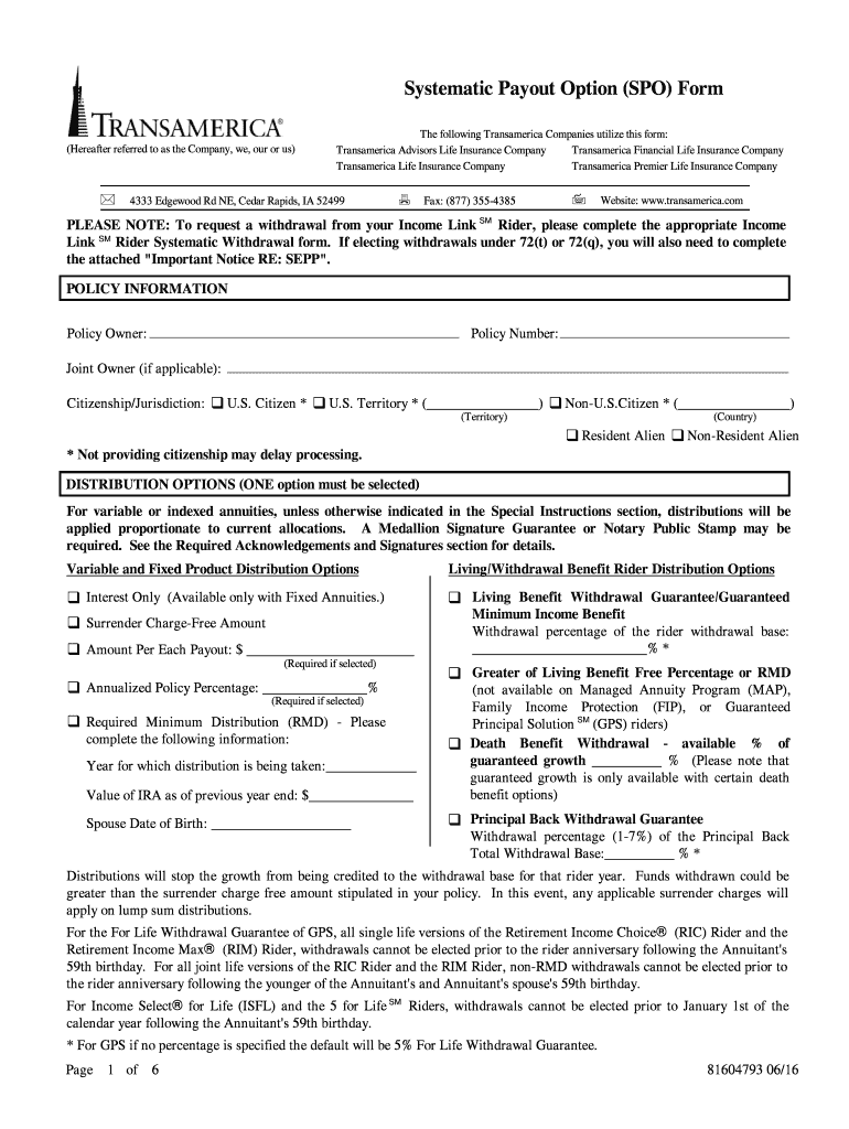 Transamerica Systematic Payout Option Form