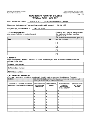 Meal Benefit Form for Children Child and Adult Care Food Program CA Dept of Education Form 3101 Child Care Center Application Fo