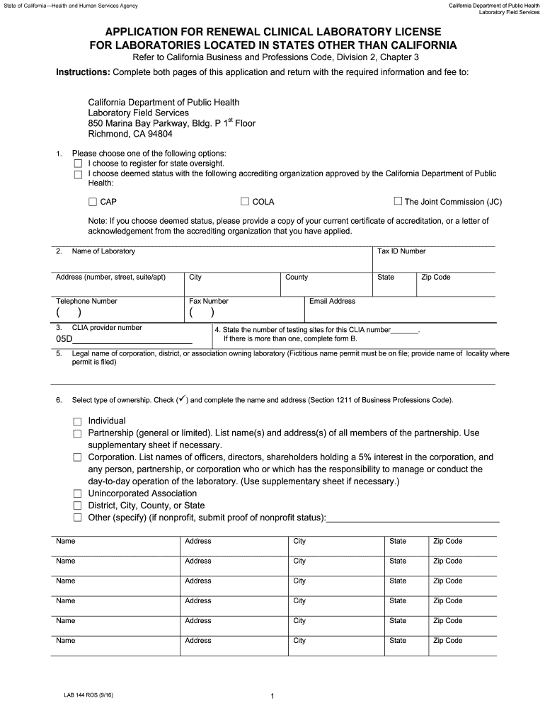  Application for Renewal Clinical Lab License for Labs Out of California LAB 144 ROS 2016