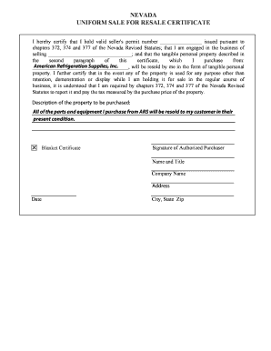 Nevada Resale Certificate  Form