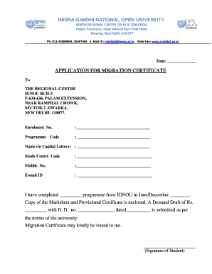 Ignou Migration Certificate  Form