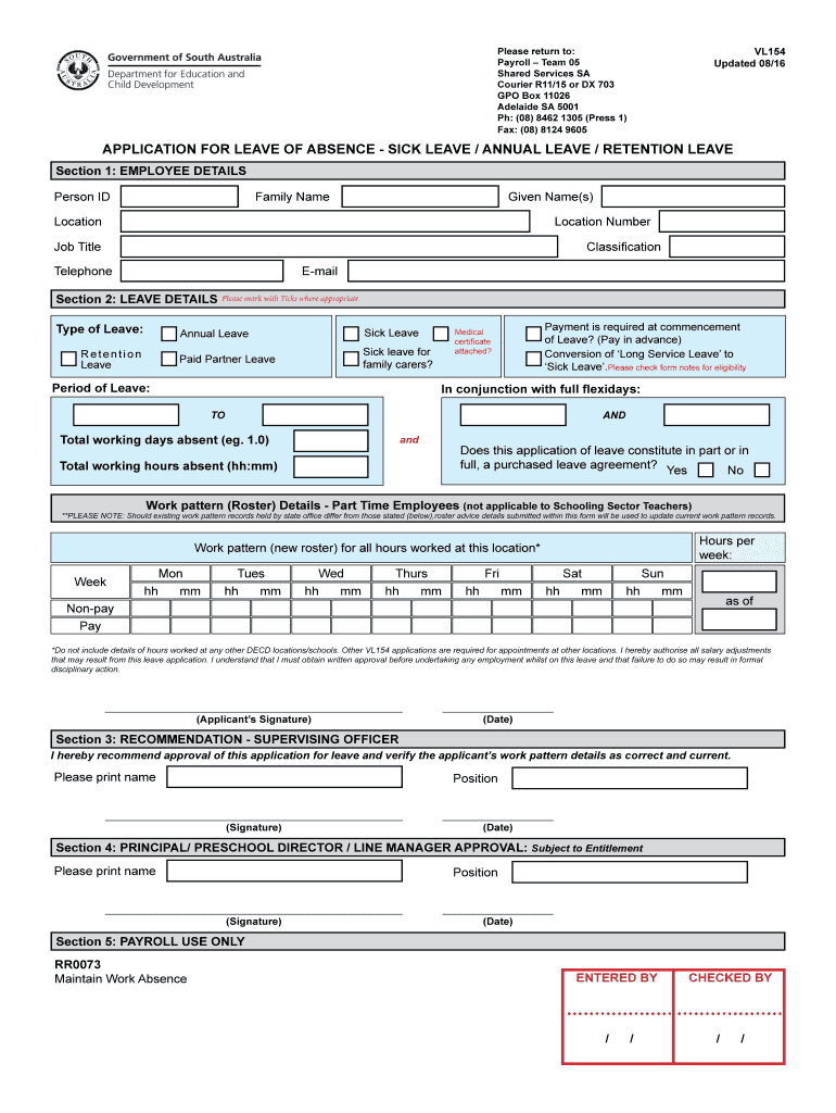 VL154 Application for Leave of Absence Sick LeaveAnnual LeaveRetention Leave HR Leave Application Form