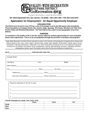 Application Valley Wide Recreation &amp; Park District  Form