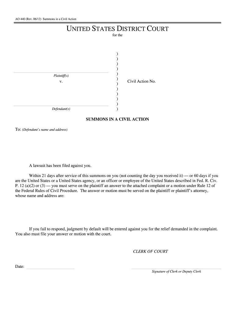  Ao 440 Summons 2012-2024