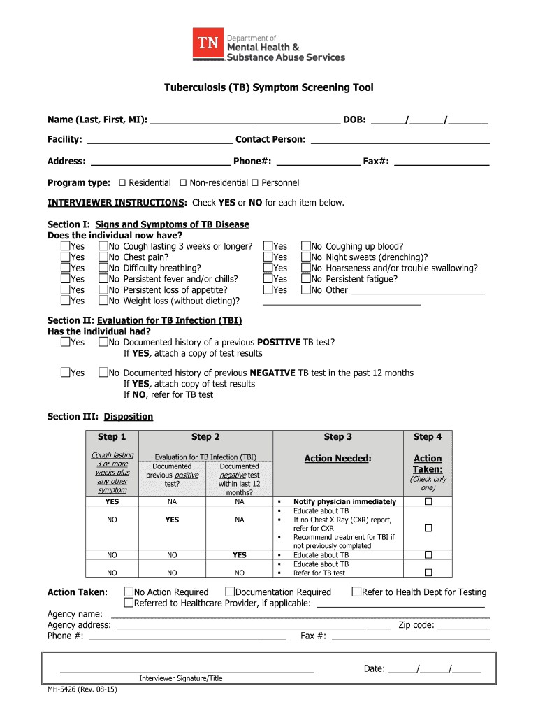 Get and Sign State of Tennessee Tb Screening Form 2015-2022