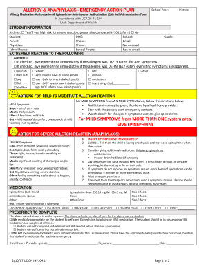 Printable Allergy Action Plan PDF  Form