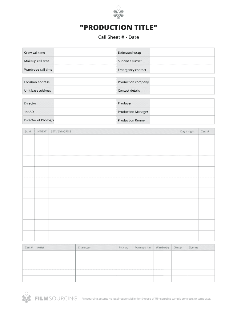 Filmsourcing Call Sheet Call Sheet  Form