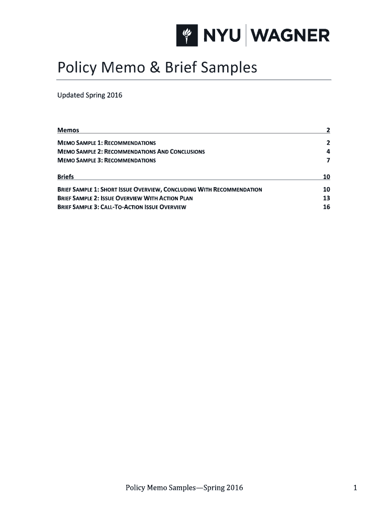 NYU Wagner Policy Memo &amp; Brief Samples DOCX  Form