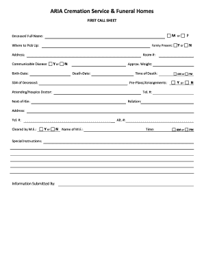 Funeral Home First Call Sheet  Form