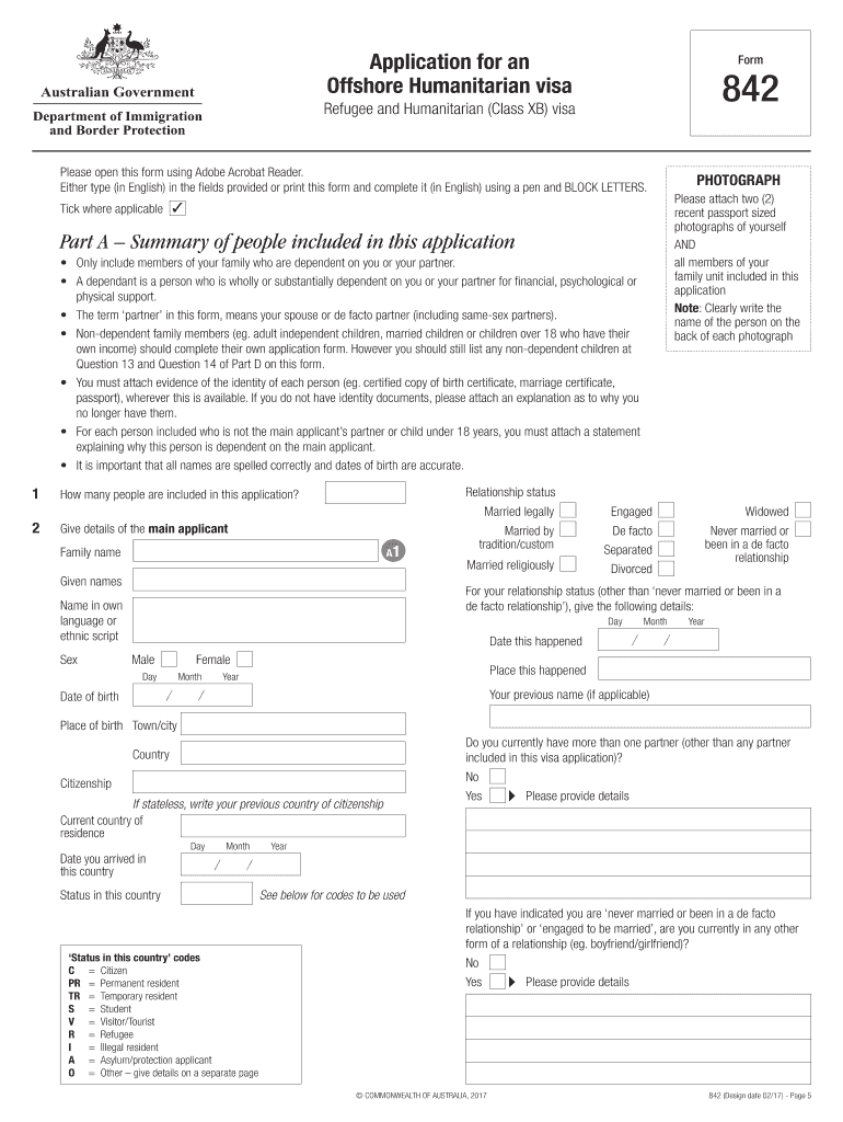 842 Application for an Offshore Humanitarian Visa Refugee and Humanitarian Class XB Visa 842 Application for an Offshore Humanit  Form