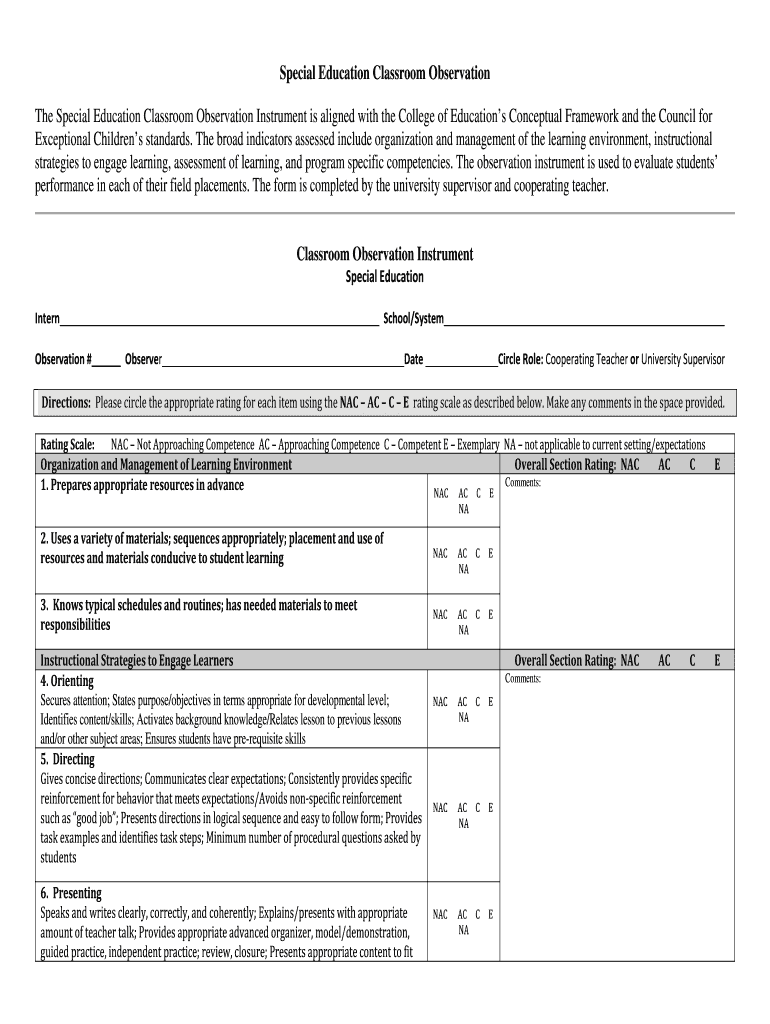 Special Education Classroom Observation the Special Education  Form