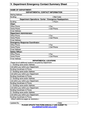 Department Emergency Contact Summary Sheet  Form