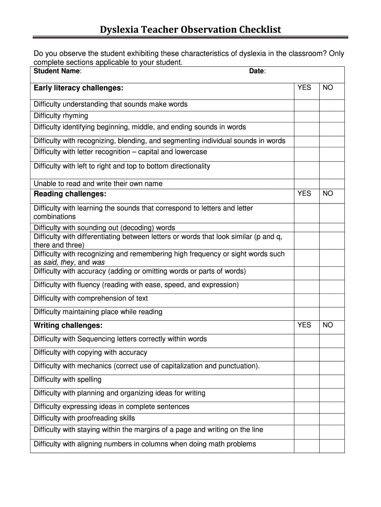 Dyslexia Checklist  Form