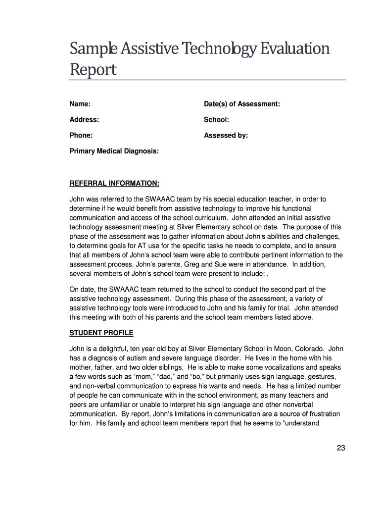 Sample Assistive Technology Evaluation Report SWAAAC  Form