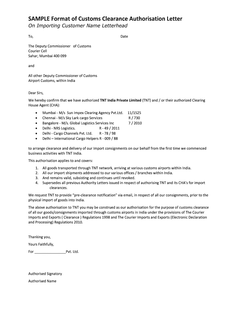 Letter for Customs Clearance Sample  Form