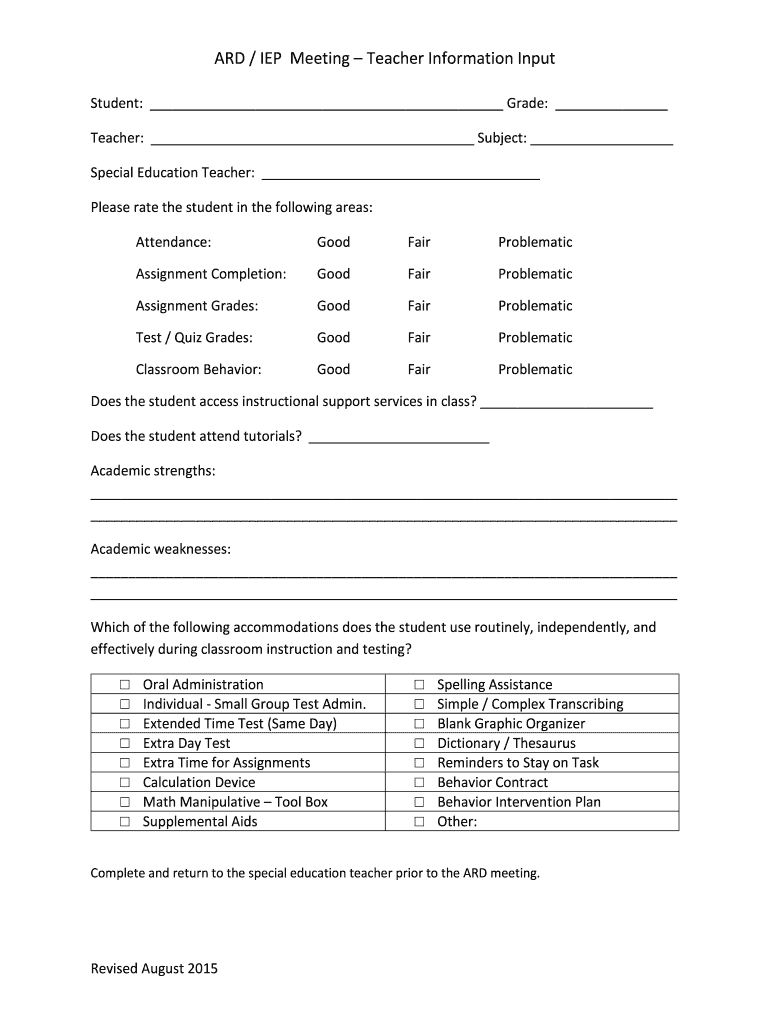  Teacher Input Form for Iep 2015-2024
