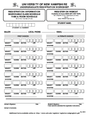 Registration Worksheet University of New Hampshire  Form