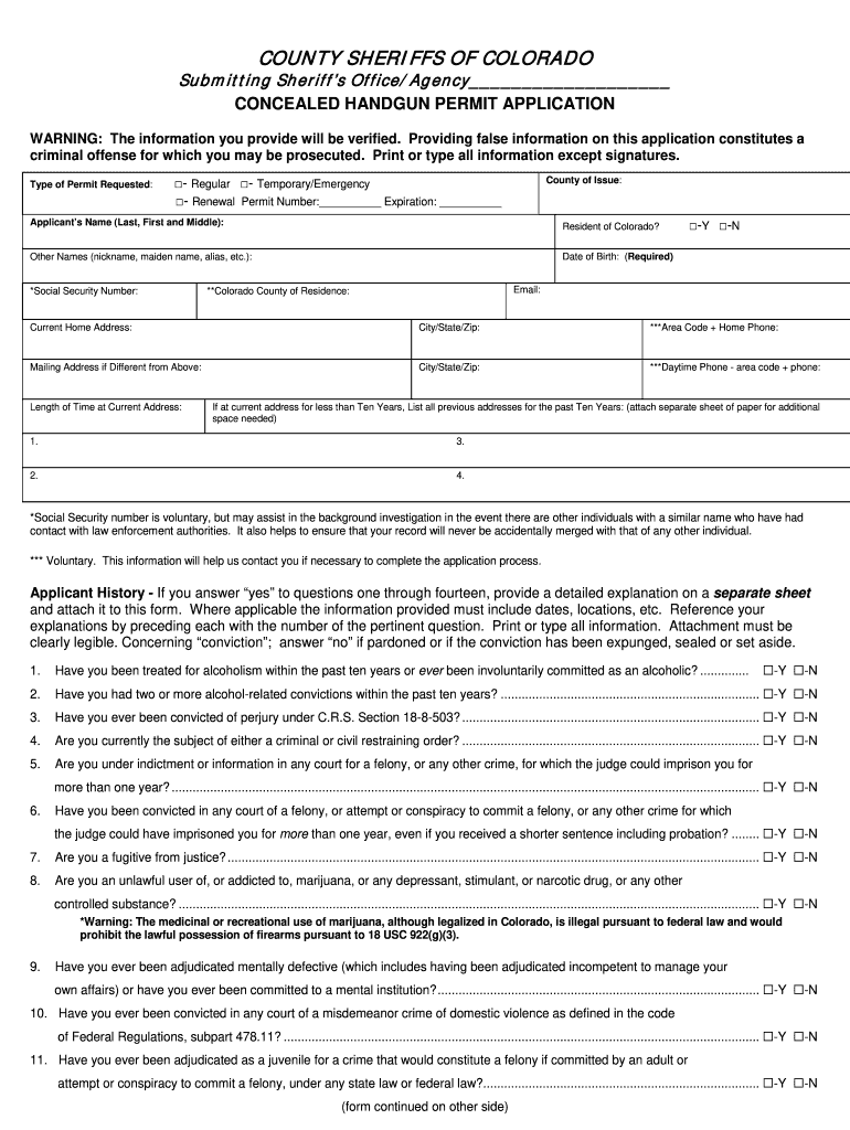  County Sheriffs of Colorado Concealed Handgun Permit Application 2016-2024