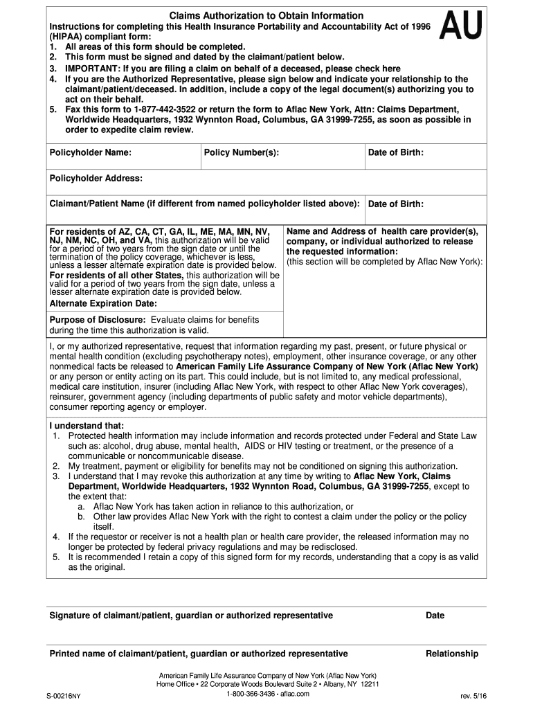  Aflac Claims Authorization Form 2016