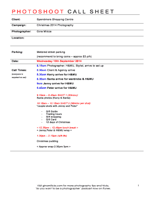 Photoshoot Call Sheet Template  Form