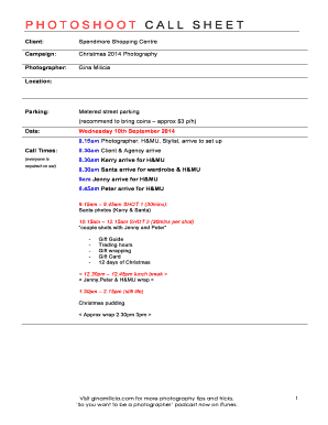 Photoshoot Call Sheet Template Form