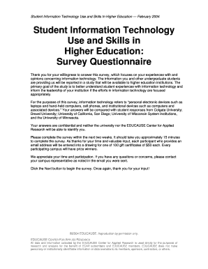 Student Information Technology Use and Skills in Higher Education ECAR Research Study, Survey Questionnaire