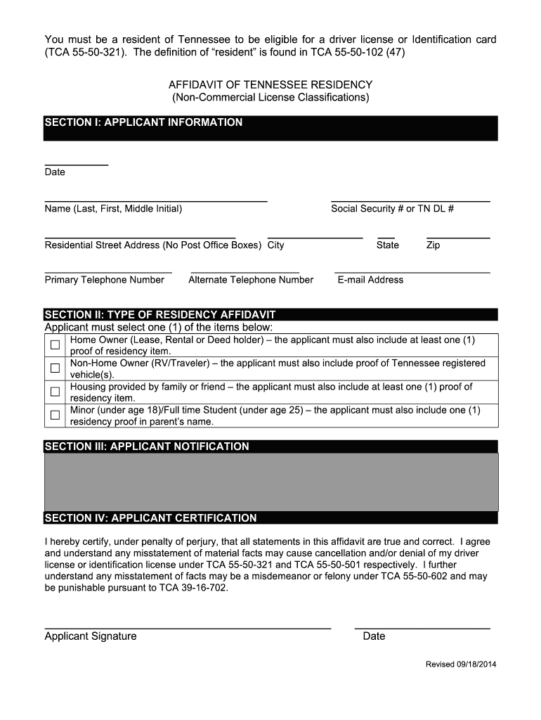  Affidavit of Tennessee Residency 2014-2024
