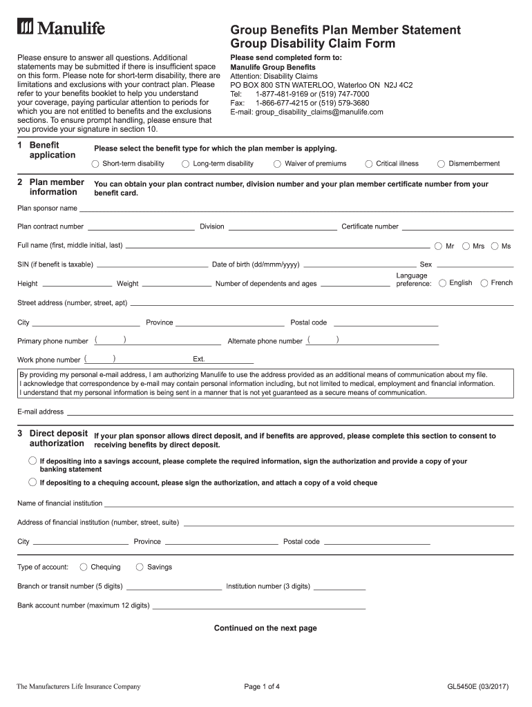  GL5450E Group Benefits Plan Member Statement Group Disability Claim Form GL5450E 2017