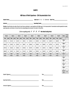 480 Hours of Work Experience CDA Documentation Form