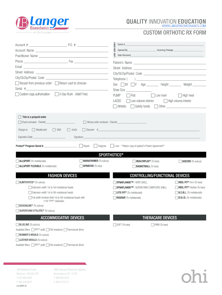 Custom Orthotic Rx Form  the Langer Biomechanics