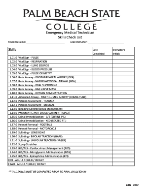 Emergency Medical Technician Skills Check List Palm Beach State  Form