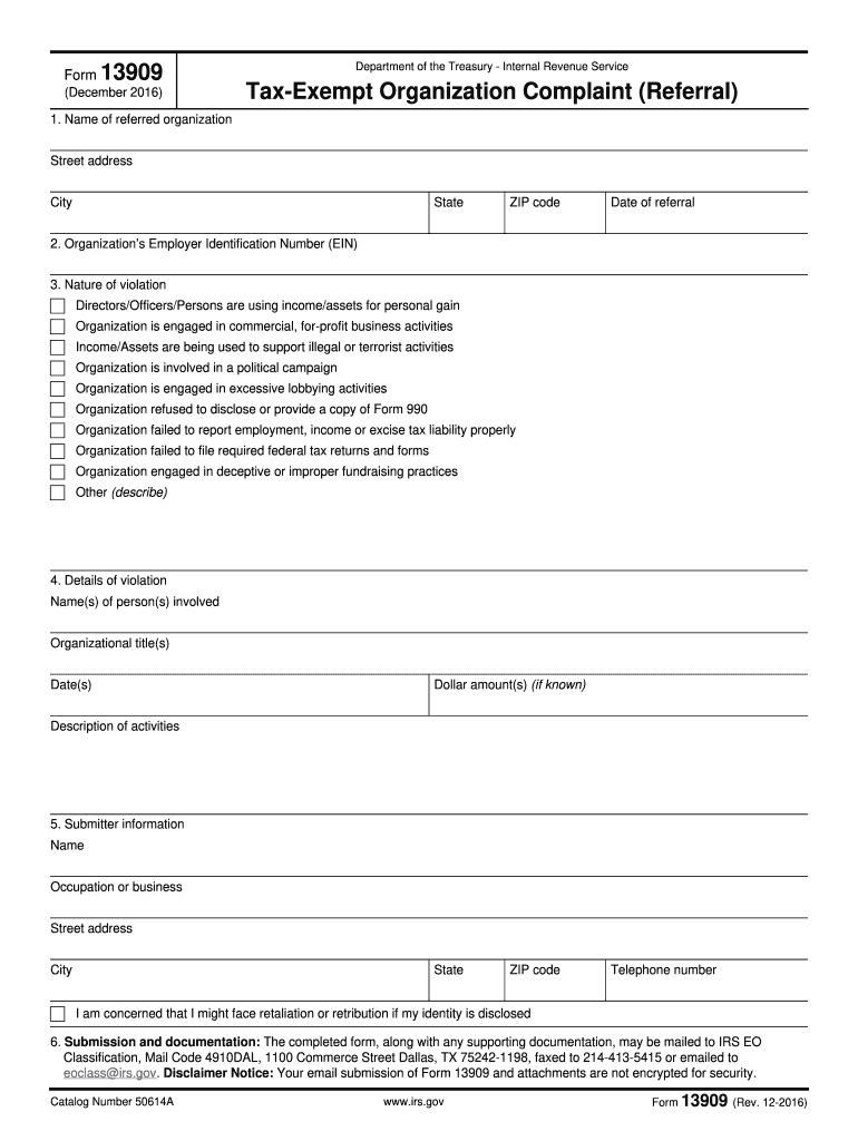  Irs Complaint Form 13909 2016