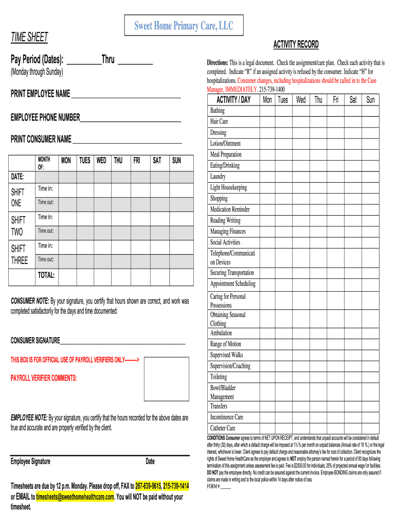 Printable Home Health Care Timesheets  Form