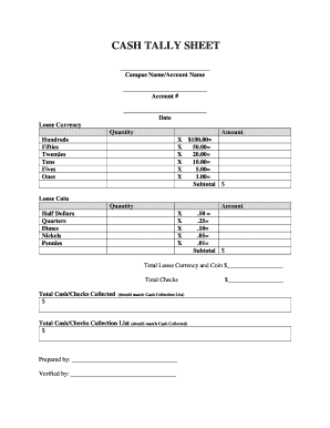 Cash Tally Sheet  Form