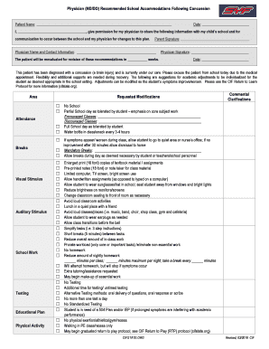  Recommended School Accommodations Following Concussion 2016