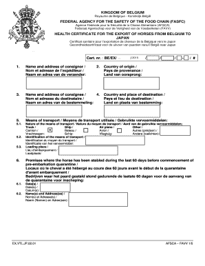 Health Certificate for the Export of Horses from Belg Favv  Form