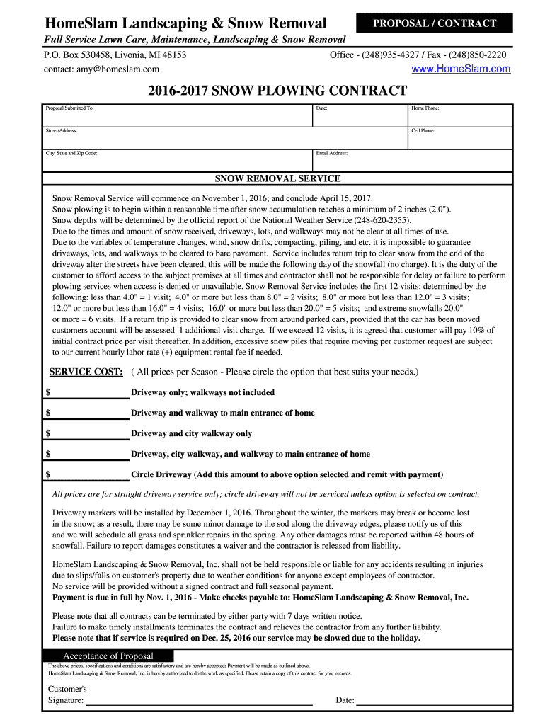  Snow Plowing Contracts Printable 2016