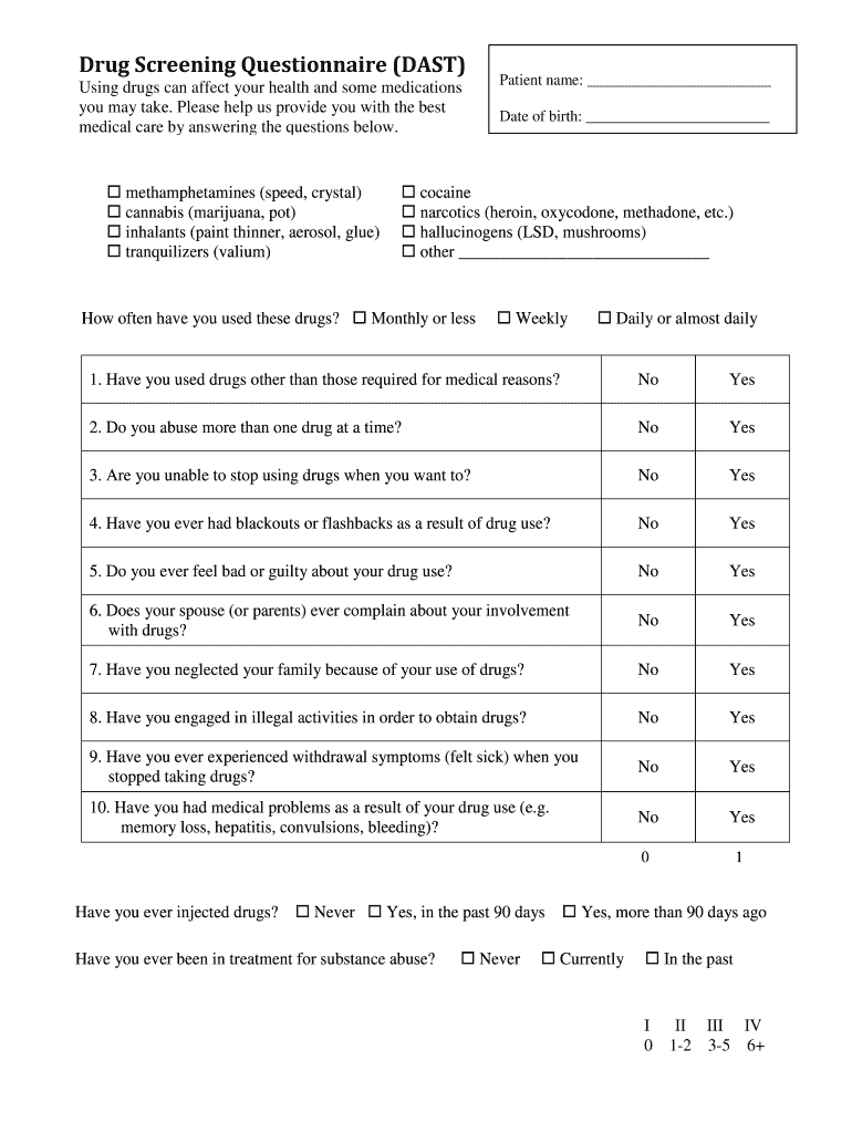  Drug Screening Questionnaire DAST 2016