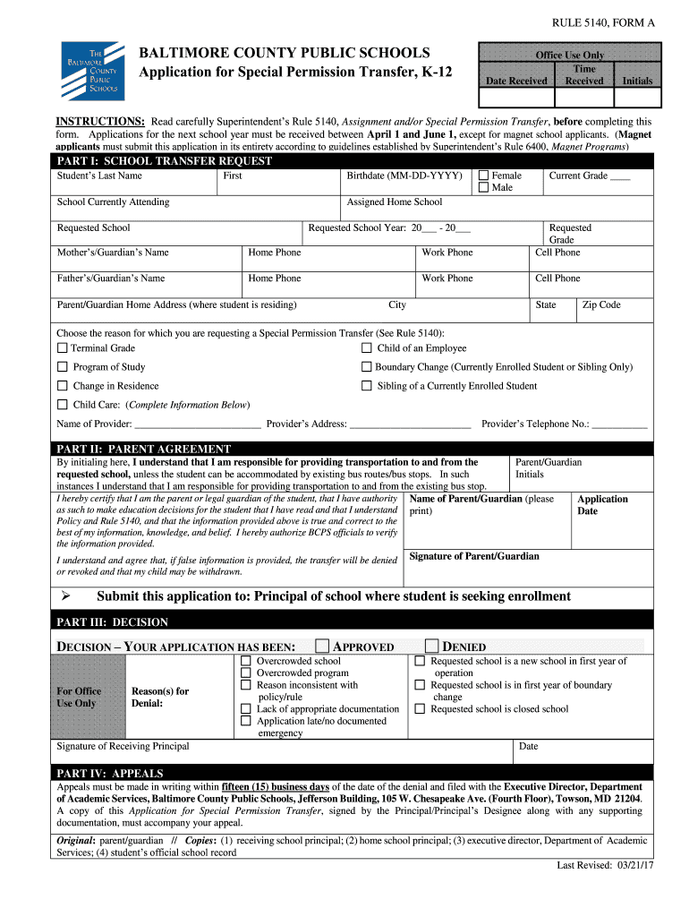  Application for Special Permission Transfer Baltimore County 2014