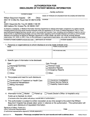  Authorization for Disclosure of Patient Medical Beaumont 2007