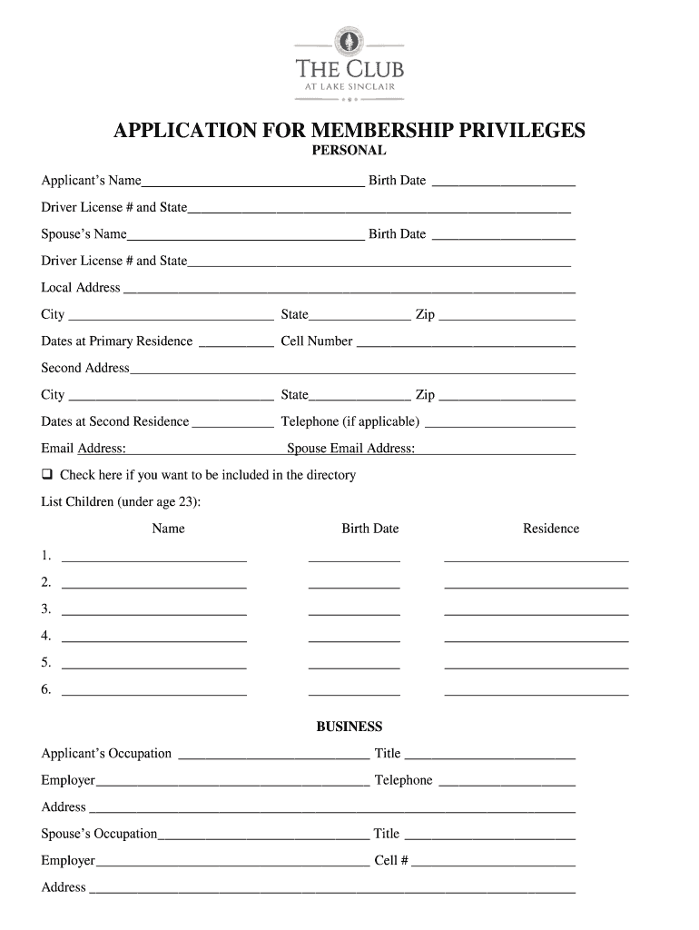 Application for Membership Privileges the Club at Lake Sinclair  Form