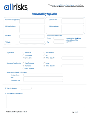 Product Liability Application All Risks, Ltd  Form