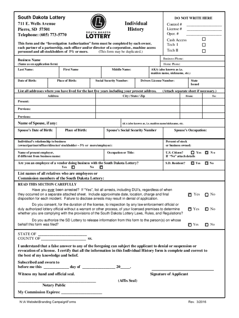 South Dakota Lottery DO NOT WRITE HERE 711 E Well  Form