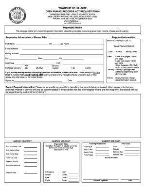 The Open Public Records Act Township of Hillside  Form