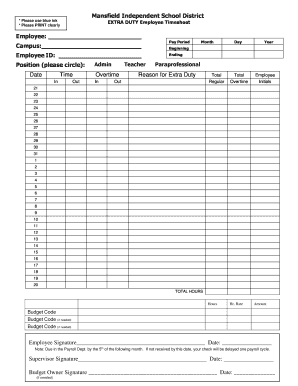 Extra Duty Time Sheet Mansfield ISD  Form